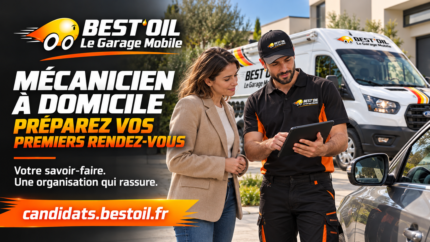Mécanicien en tenue Best’Oil échangeant avec une cliente près de son camion-atelier.